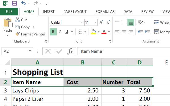 1. Add a line between Rows 2 and 3 by selecting the cells from Item Name to Total and choosing Bottom Border, which is the first one on the drop-down menu. 2. Add another border separating the numbers from the grand total using the Thick Bottom Border like the example on the left.