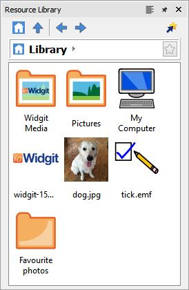 The Resource Library The Resource Library provides you with quick access to the images on your machine or network as well as access to over 4,000 Widgit Media files.
