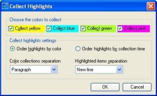 Using Study Skills Read&Write 8.1 Gold 7. Click on the (Collect highlights) button. The Collect Highlights window is displayed (Figure 14-1). Figure 14-1 Collect Highlights window 8.