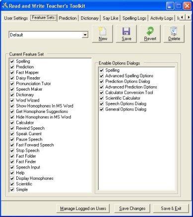 Using the Teacher s Toolkit Read&Write 8.1 Gold New button Save button Current Feature Set check boxes Enable Options Dialogs check boxes Figure 16-2 Feature Sets tab 2. Click on the New button.