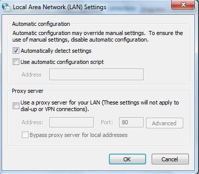 Select the Use a proxy server for your LAN' and enter the address of the proxy server you wish to use.