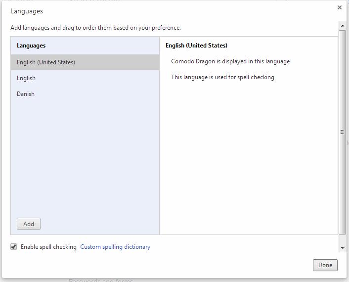 By default the Comodo Dragon language is English (United States). Select your preferred language from the dropdown box.