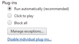 Select Plug-ins in the Content Settings dialog. In the 'Plug-ins' section, select 'Block all'. Select 'Click to play' checkbox to prevents the plugin from automatically loading.