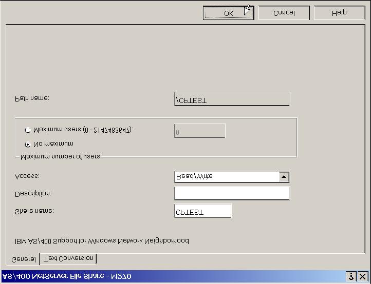 Figure 28: Assign the share name and access option in the AS/400 NetServer File Share dialog.