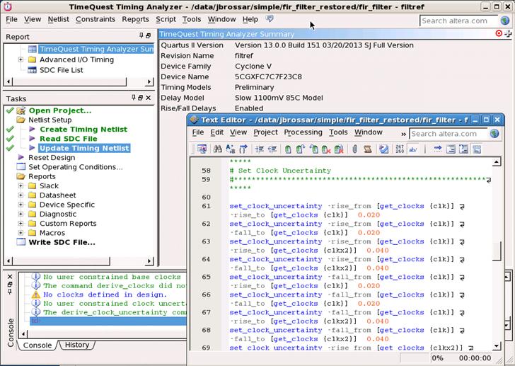 QII52012 Specify timing constraints in the TimeQuest Timing Analyzer (Tools > TimeQuest Timing Analyzer), or in an.sdc file.