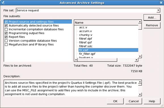 QII52012 To quickly identify and include appropriate archive files for an Altera service request: 1. Click Project > Archive Project and specify the archive file name. 2. Click Advanced. 3.