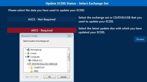 Updating ECDIS status and installing Data for ARCS via disk 14. Click Next. The valid exchange set will now process and list the charts available to update. 15.