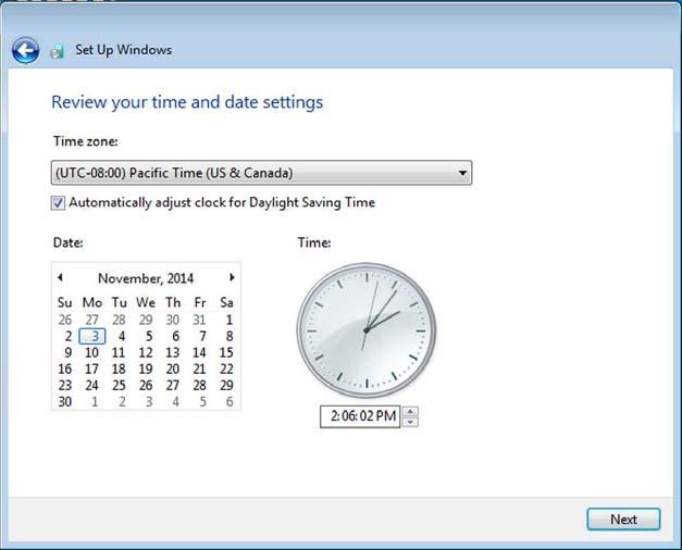 3 Getting Started 7. Choose the correct Time zone, Date, and Time and click Next to continue.
