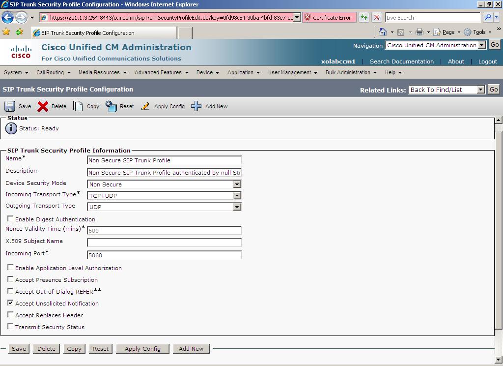 3.1.2.2 CUCM SIP Trunk Security Profile This section contains the SIP Trunk Security Profile used during SP1 and SP2 testing. SIP Trunk Security Profile Screen Capture 3.1.2.3 CUCM without CUBE SIP Trunk Screen Captures for SP1 This section contains the SIP trunk settings used during SP1 testing.