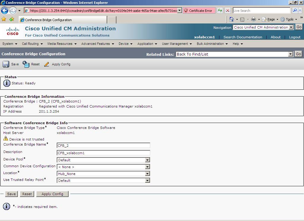 3.1.7 CUCM Conference Bridge Configuration for SP1 The screen capture below shows the CUCM conference bridge resource parameters listed under CUCM Administration, Media Resources for the default CUCM