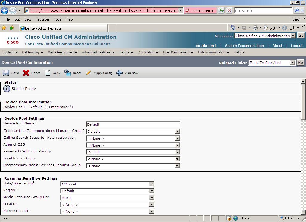 3.1.1.2 CUCM Device Pool Screen Capture for SP1 Default Device Pool Screen Capture Part 1