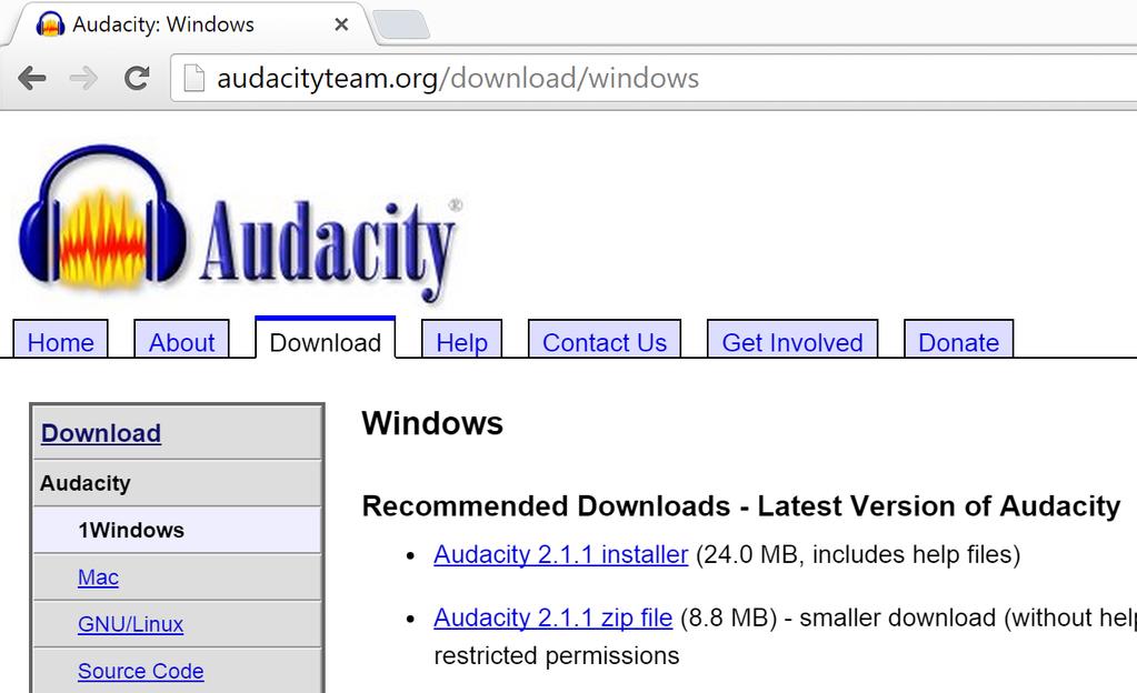 At the time of writing this, the most recent version was Audacity 2.1.1. Once on this page click on the link to download Audacity for Windows. Figure 6: The Audacity 2.1.1 download page.