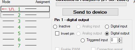 Standalone operation Use PoKeys software to configure the device for a standalone operation. First, configure pin 1 (motor enable output) as Digital output. Click Send to device.