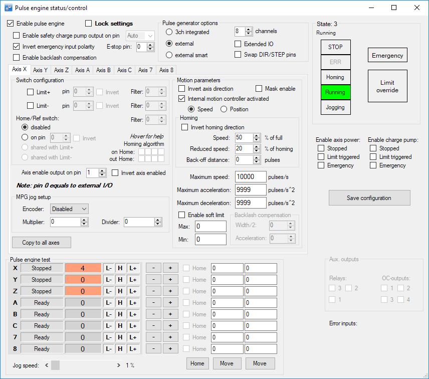 Confirm with Yes - Select External in Pulse engine generator options and uncheck the Extended IO check box - Select 8 channels in Pulse engine generator options - Select pin 1 in Axis enable output
