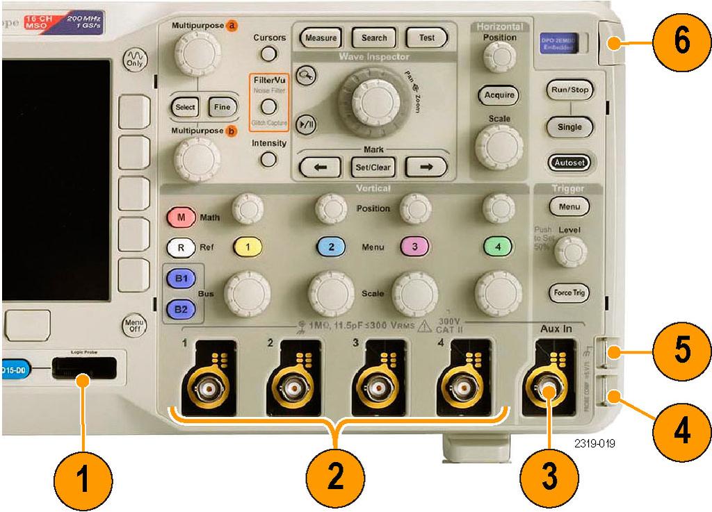 Front-Panel Connectors 1. Digital Probe Connector (MSO2000B series only). 2. Channel 1, 2, (3, 4).