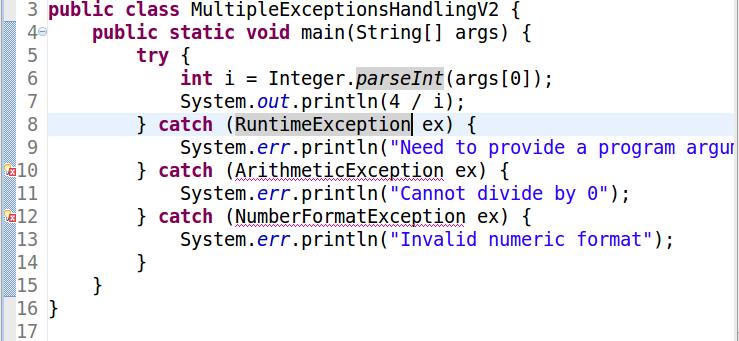 Placing the Most Specific Exception First Need to specify the most specific exception first to avoid problem