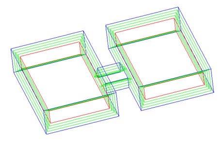 Figure 5. Splitting of two object parts while erosion in 3D: blue original object; green incremental steps; red object after erosion Figure 7.