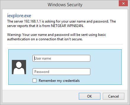 You should then get a logon screen. Type in the default user name and password given in your router setup instructions.