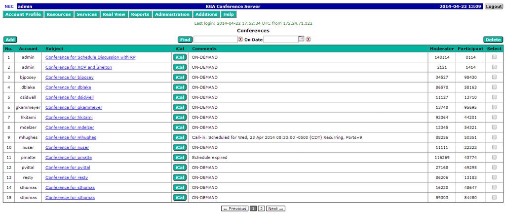 Issue 1.0 NEC 2.3 Using the Menu The Home Page allows you to access the other screens, such as managing your profile and creating conferences.