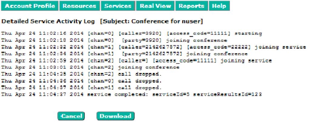 NEC Issue 1.0 Viewing a Conference Log The conference log provides details on when each participant joined and left the conference and the time of any in-conference controls. 1. To view the conference log, go to the Service Reports page and select the View link next to the conference.