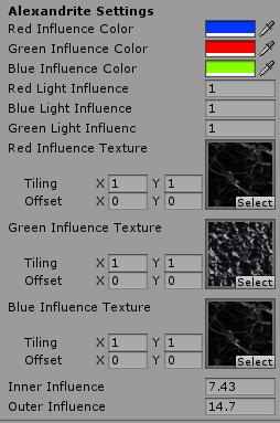 Red/Green/Blue Color: The color it should emit when colored light hits this material. Red/Green/Blue Influence: Power of influence: 0 means that colored light of the specific color has no influence.