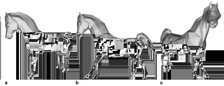 Figure 10: a. The default pose of the horse. The other are the horse in two random poses Reference 1. WADE, L. 2000. Automated generation of control skeletons for use in animation.