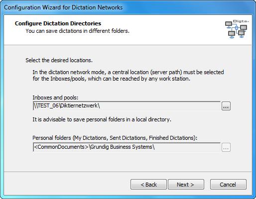 Configuring Dictation Directories In the dialogue box below, the server paths are defined for the inboxes of the pools and users as well as for the personal folders.