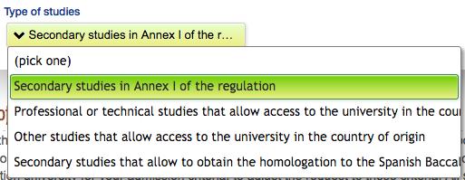 For EU education systems or agreements: - Secondary studies of Annex I of the regulation. It must be possible to link to the table that is included in Anex.