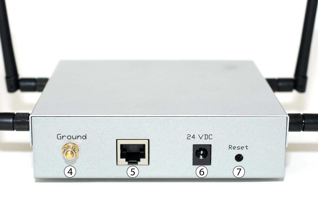Rear View Feature Status and Indications 4 Ground connection Connect to earth ground to enable anti-static circuitry protection 5 Ethernet port PoE supported 6 Power supply input Instead of PoE, a