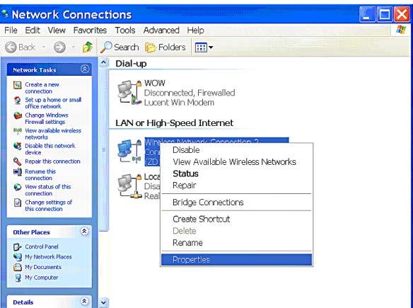 Right click either Local Area Connection or Wireless Network Connection,