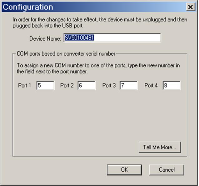 Configuration tab The Configuration tab allows you to reassign the physical port on your device to any available Windows COM port number from 1 to 255 and give