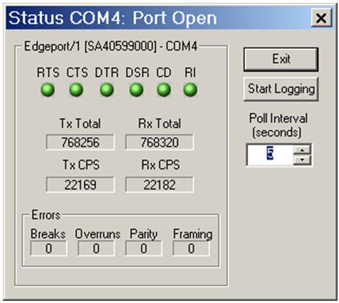 Edgeport configuration utility Port Status tab Port Status tab The Port Status tab provides the status of a selected (highlighted) serial