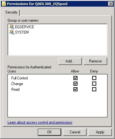 d Set the permissions for the Equitrac Service account and System account to allow Full Control, and click Apply to save the changes, and then click OK to close the dialog box.