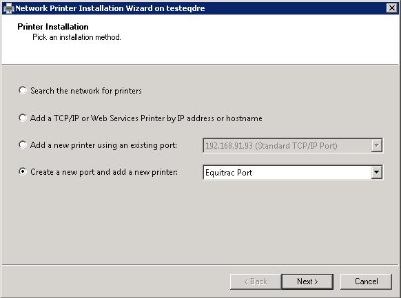 6 On the Installation Wizard, select Create a new port and add a new printer, and choose Equitrac Port from the drop-down list, and then click Next.