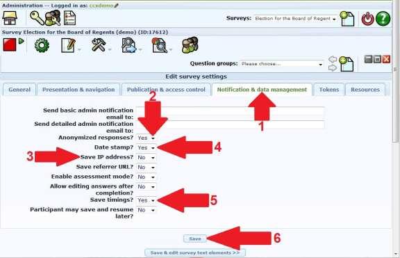 Figure 6: How to set the metadata elements of your survey that are specified on the Notification & data management tab.
