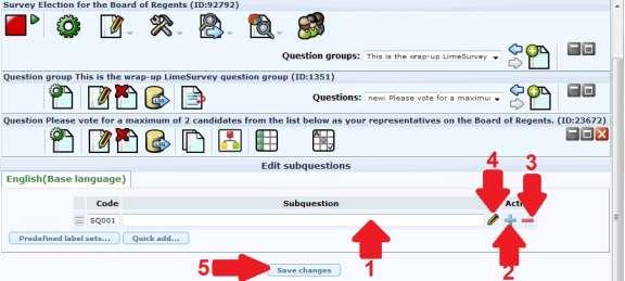 b) To add another sub-question (i.e. another candidate/choice to appear in the list), click the plus sign pointed to by red arrow 2. c) To remove a sub-question (i.e. a candidate from the list), click the minus sign beside the sub-question, as pointed to by red arrow 3.