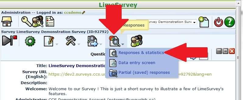 Figure 2: How to access LimeSurvey s basic Responses & statistics reporting tools. Each of the above four concepts is illustrated in this Drill Down document.