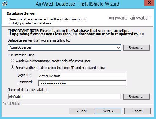 Chapter 3: Database Installation Run the AirWatch Database Setup Utility Run the AirWatch database executable once all prerequisites are met, such as creating the database and the AirWatch SQL