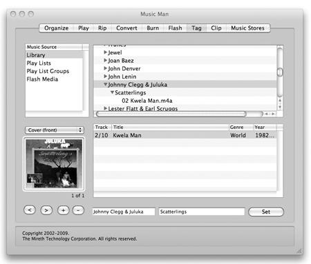 Tag Figure 8: Tag Task The Tag tab allows you to easily manage the meta data for your tracks and is divided into 5 main areas: the Music Source list, the Selected Source pane, the Track list, the