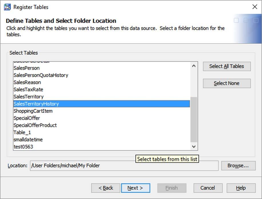 Display 21. Selection list of SQL server tables 6. In the list, click the table name for w hich you w ant to import metadata. 7. Click Next and the application w ill display the table you selected. 8.