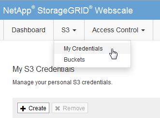 34 StorageGRID Webscale 11.0 Tenant Administrator Guide Steps 1. Click S3 > My Credentials. 2. Click Create. 3.