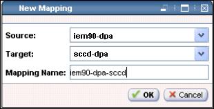 b) In the New Mapping window, select the following values: Source: iem90-dpa Target: sccd-dpa Mapping Name: iem90-dpa-sccd c) Click OK.