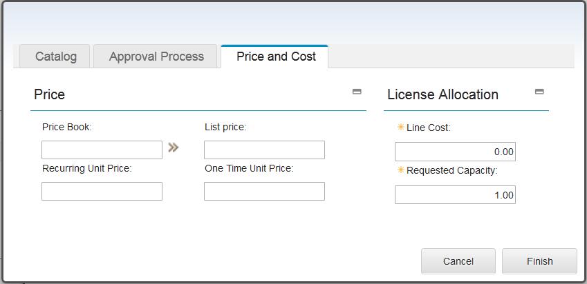 In the 'Price and Cost' tab you can select the price book and specify the offering price and the license allocation. Note: In the Price Book list you can only see the price books in draft status.