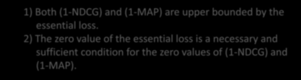 Essential Loss vs. Ranking Measures 1) Both (1-NDCG) and (1-MAP) are upper bounded by the essential loss.