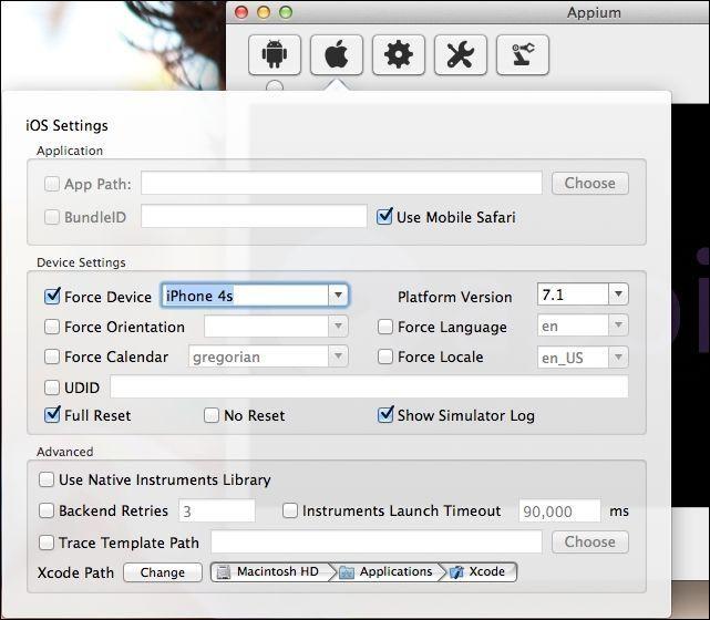 5. On the ios Settings dialog, select the Force Device checkbox and specify iphone 4s in the