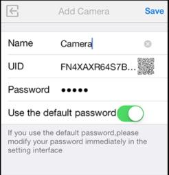 You can also choose to add you camera manually: Click button and select your camera model and enter camera's UID code (displayed at the bottom of the camera) and password.