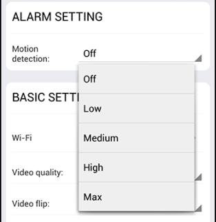 Alarm Setup 1. To enable motion detection, please choose the appropriate sensitivity level for movement detection.