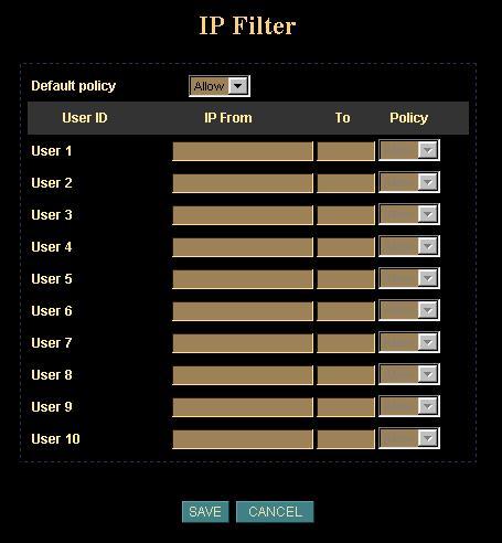 IP Filter: Setup user login right (This function should be used with function User respectively).