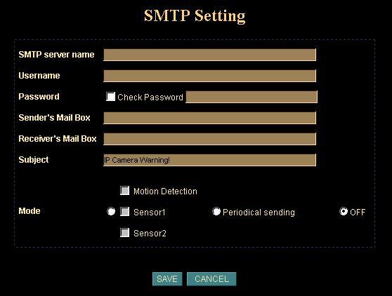 SMTP: Setup Mail configuration When alarm was enabled, user can setup the mail to send the captured images to the pre-set mail address.