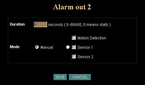 Alarm 2: Setup Alarm Output 2 action Duration: Set up the alarm duration. 0 means the alarm working always.